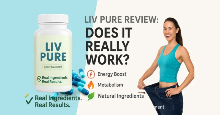 Promotional banner for Liv Pure weight loss supplement featuring natural ingredients like green tea and garcinia cambogia with bold text highlighting energy boost and fat-burning benefits.