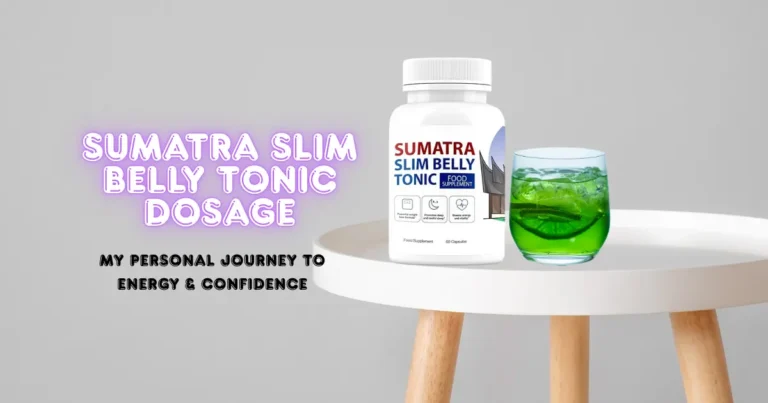 A smiling woman holding a glass of red tonic drink next to a container of Sumatra Slim Belly Tonic on a bright table, symbolizing a healthy daily routine and personal transformation.