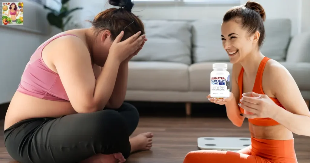A tired woman looking at herself in the mirror while her friend shows her a health drink. Sumatra Slim Belly Tonic Dosage - A tired woman looking at herself in the mirror while her friend shows her a health drink.