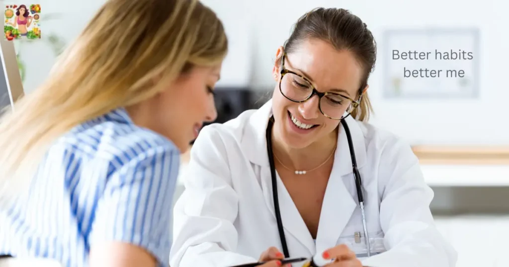 A woman confidently discussing health supplements with her doctor in a clinic A woman confidently discussing health supplements with her doctor in a clinic