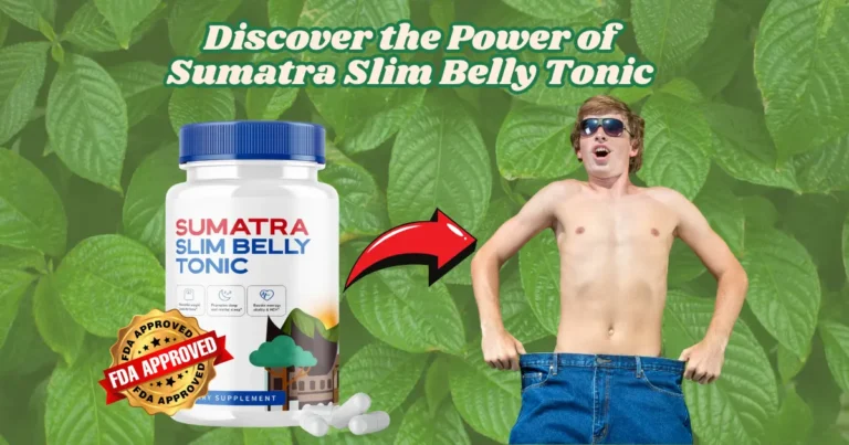 "Happy and healthy man and woman smiling confidently after natural belly fat loss, standing beside herbal supplements, representing the benefits of Sumatra Slim Belly Tonic."