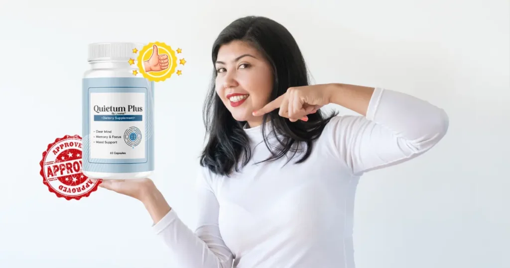Happy man holding a Quietum Plus bottle with text: 60% Less Ringing, Recommended with Patience