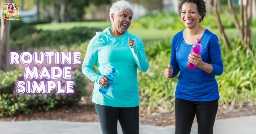 Two friends walking together while holding water bottles and laughing, building a healthy habit. Two friends walking together while holding water bottles and laughing, building a healthy habit.