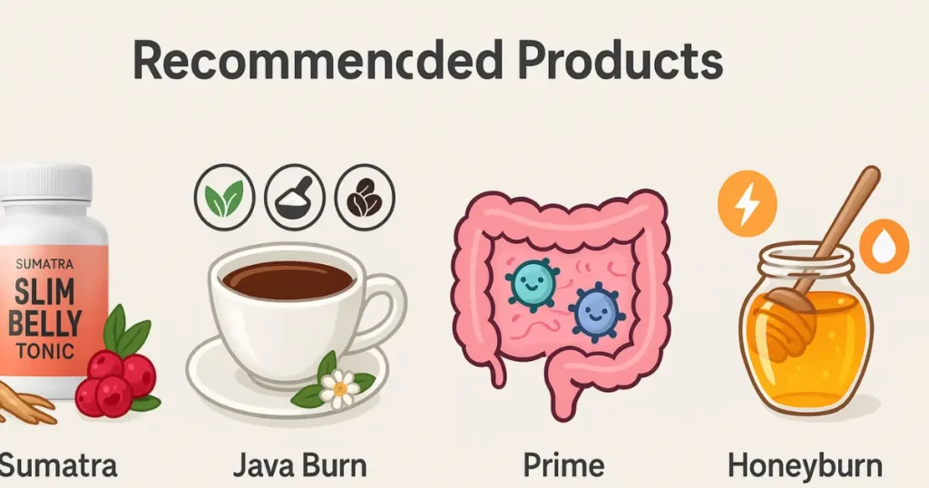 A horizontal display of five health products: Sumatra Slim Belly Tonic with berries and roots, Java Burn Coffee with a cup and ingredient icons, All Day Slimming Tea with a teacup and herbs, Prime Biome with a cartoon gut and happy bacteria, and Honeyburn with a honey jar and energy symbols. Labelled with “Recommended Products” above A horizontal display of five health products: Sumatra Slim Belly Tonic with berries and roots, Java Burn Coffee with a cup and ingredient icons, All Day Slimming Tea with a teacup and herbs, Prime Biome with a cartoon gut and happy bacteria, and Honeyburn with a honey jar and energy symbols. Labelled with “Recommended Products” above