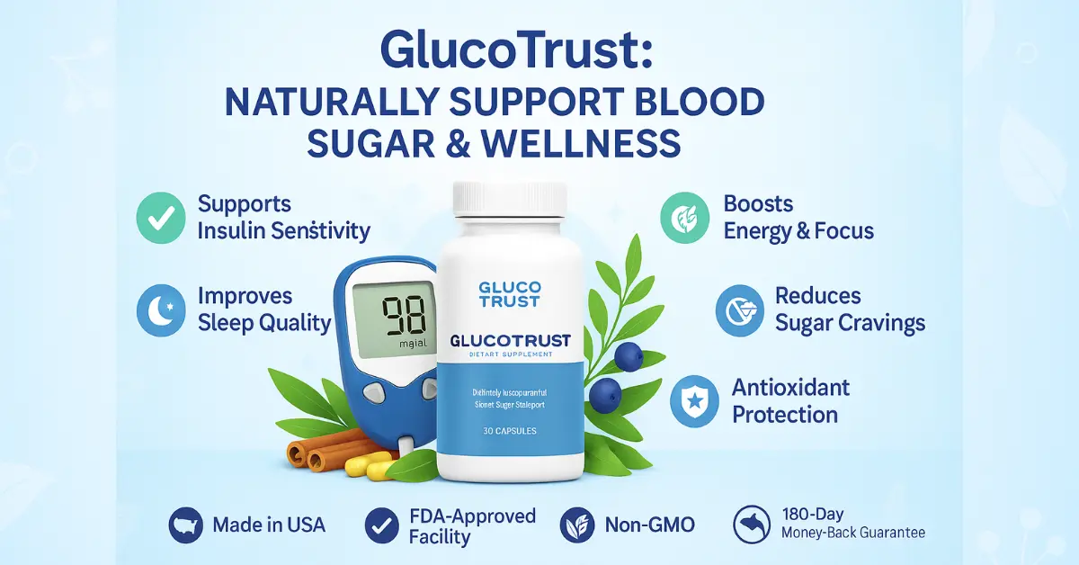 A digital promotional graphic for GlucoTrust, a natural dietary supplement for blood sugar support. The image features a soothing blue gradient background with a prominent GlucoTrust bottle at the center, surrounded by natural ingredients like cinnamon, juniper berries, and herbs. Text overlays highlight key benefits such as balanced blood sugar, improved sleep, and reduced cravings, creating a clean and trustworthy design ideal for health-conscious consumers.