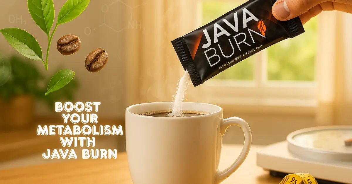 A promotional image for Java Burn shows a hand pouring the supplement powder from a black packet into a steaming white coffee mug on a wooden table. The background includes fresh green leaves, coffee beans, a yellow measuring tape, and a scale, with the headline "BOOST YOUR METABOLISM WITH JAVA BURN" in bold white letters on the left side.