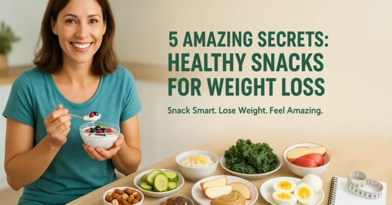 A smiling fit woman preparing healthy snacks in a modern kitchen, surrounded by fruits, vegetables, and nutritious ingredients, promoting weight loss and wellness.