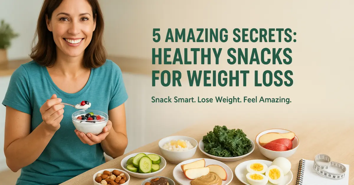 A smiling fit woman preparing healthy snacks in a modern kitchen, surrounded by fruits, vegetables, and nutritious ingredients, promoting weight loss and wellness.