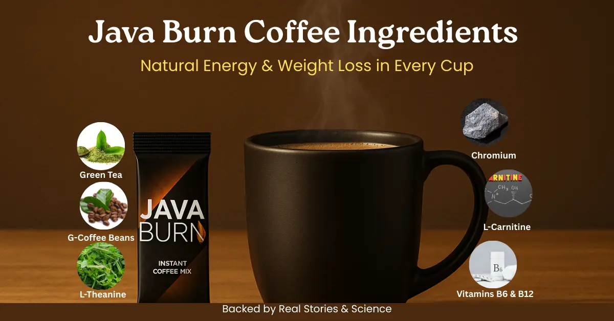 A steaming cup of coffee placed beside a Java Burn sachet on a dark wooden surface, with gentle light highlighting the steam and packaging, creating a warm and inviting atmosphere.