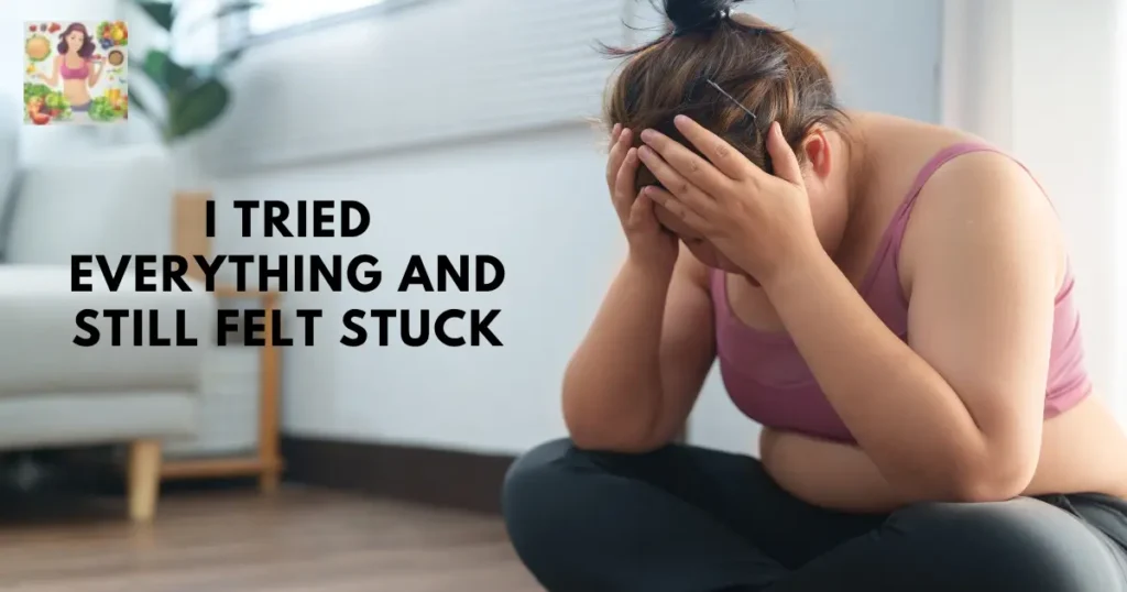 A tired and frustrated woman sitting with her hand on her face, looking discouraged about weight loss. A tired and frustrated woman sitting with her hand on her face, looking discouraged about weight loss.