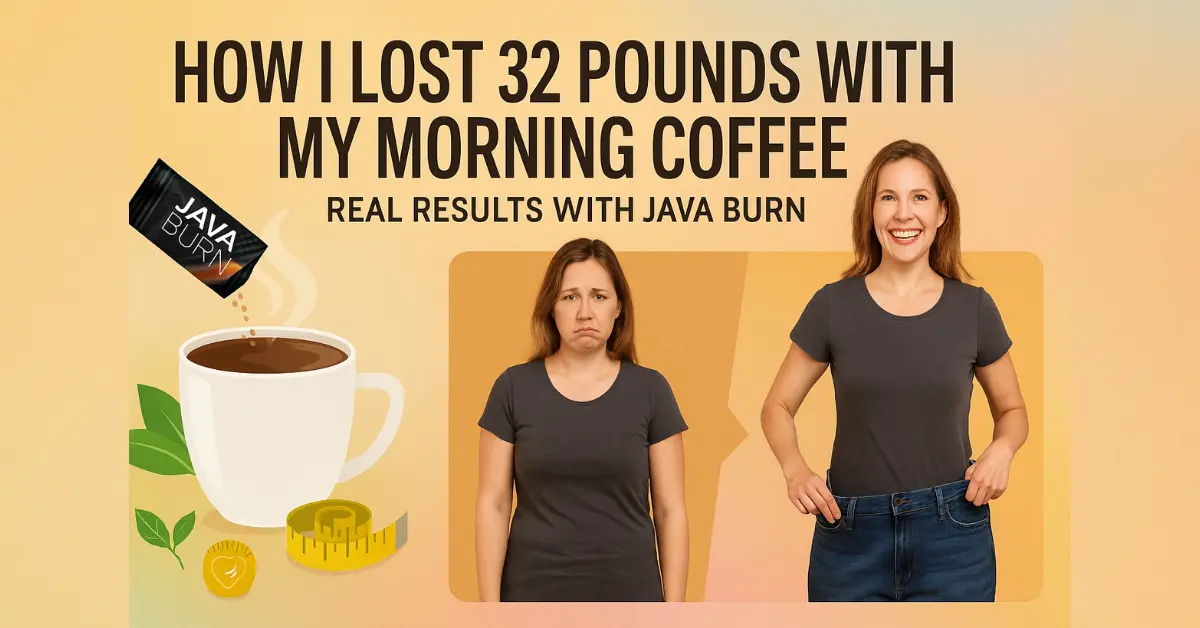 Before and after weight loss transformation of a happy woman using Java Burn coffee, with product illustration and vibrant background promoting natural fat burning and energy boost.