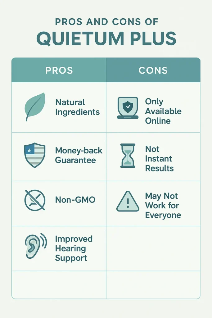 A clear infographic table listing Quietum Plus advantages and drawbacks side-by-side ChatGPT Image May 11 2025 10 00 09 PM