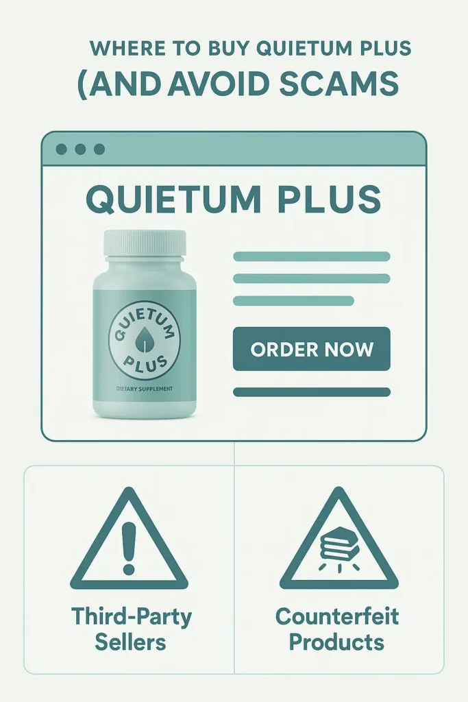 Screenshot of the official Quietum Plus website with warning symbols about third-party sellers and counterfeit products. Screenshot of the official Quietum Plus website with warning symbols about third-party sellers and counterfeit products.