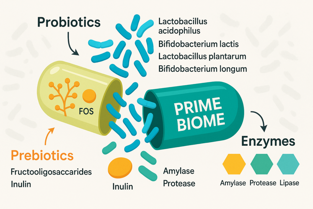 Prime Biome- Illustration of a Prime Biome capsule with labeled probiotic strains, enzymes, and nutrients emerging from it. Prime Biome- Illustration of a Prime Biome capsule with labeled probiotic strains, enzymes, and nutrients emerging from it.