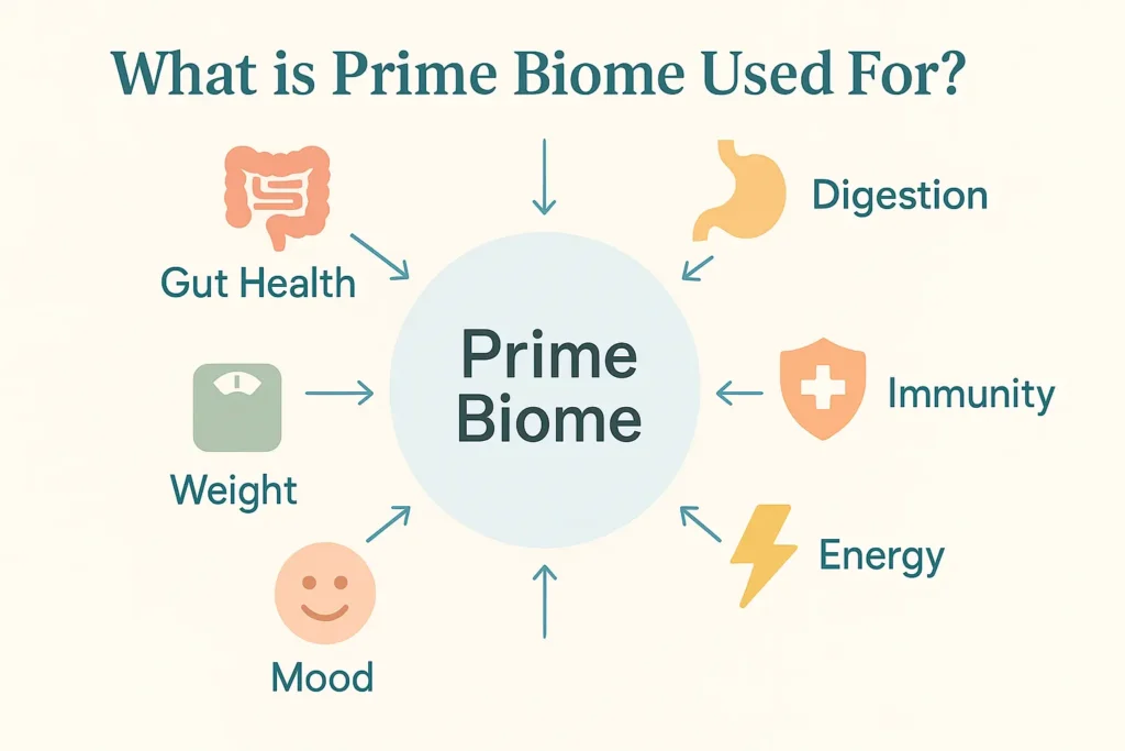 Diagram of Prime Biome in the center connected to benefits like improved digestion, mood, immunity, energy, and weight management. Diagram of Prime Biome in the center connected to benefits like improved digestion, mood, immunity, energy, and weight management.