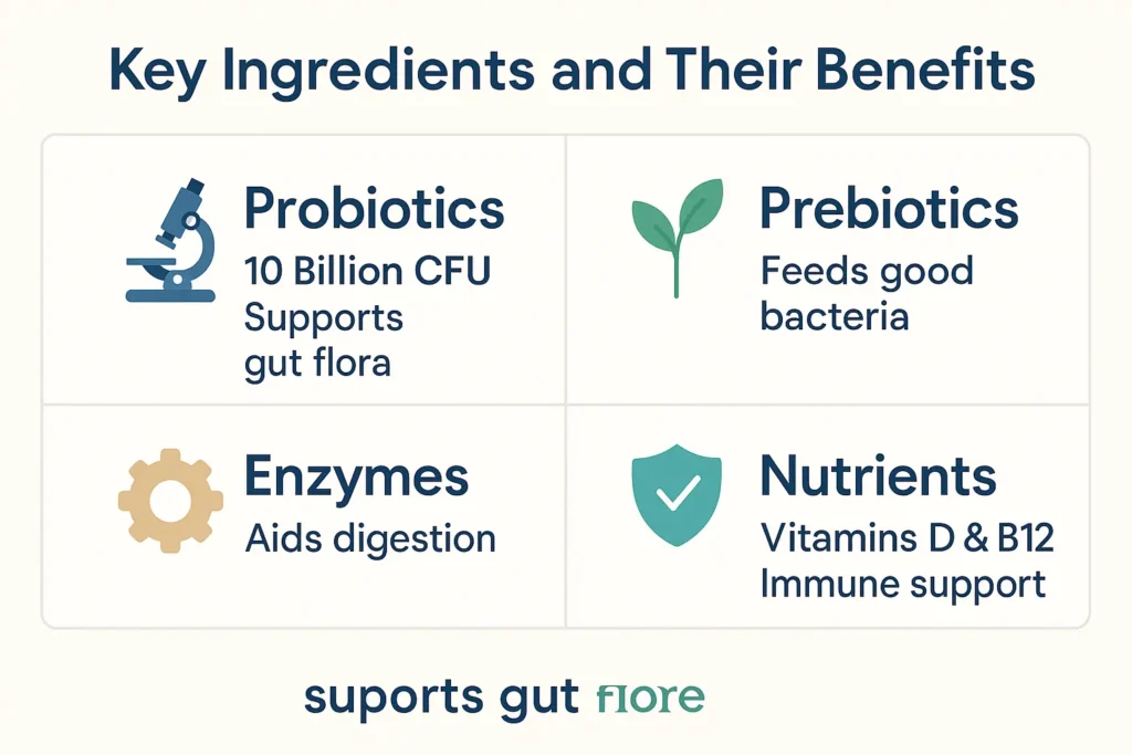 Ingredient chart featuring probiotics, prebiotics, digestive enzymes, and vitamins with icons and their health benefits. Ingredient chart featuring probiotics, prebiotics, digestive enzymes, and vitamins with icons and their health benefits.