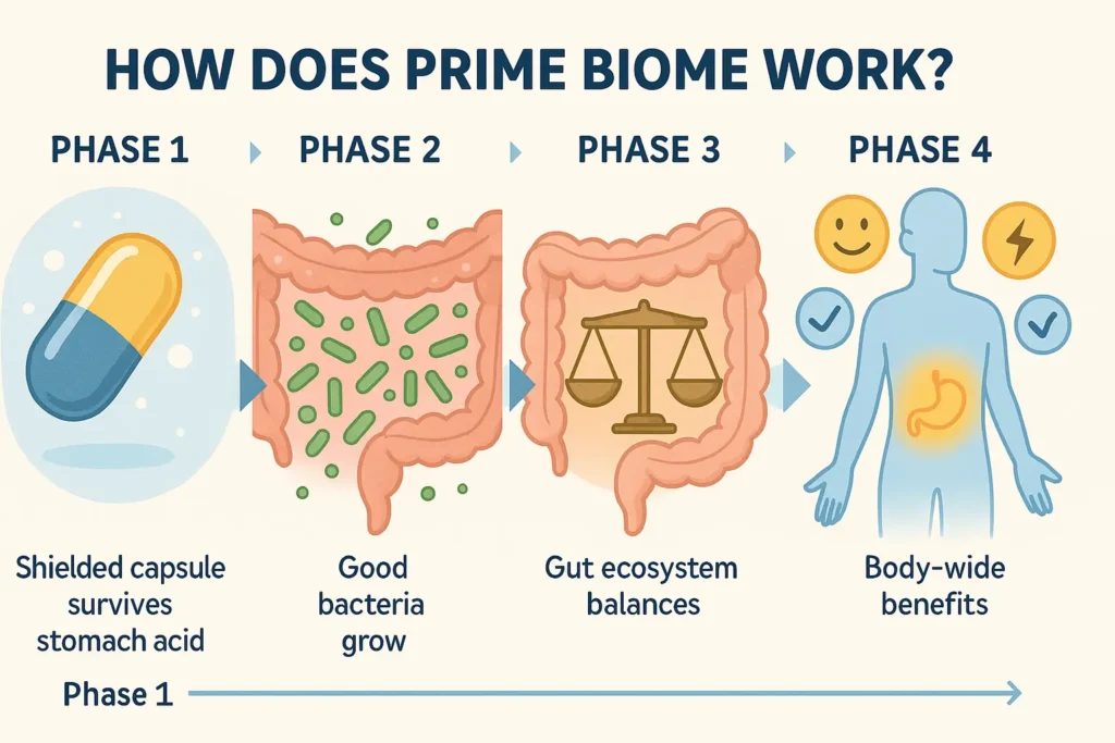 4-step timeline showing capsule protection, probiotic growth, gut balance, and whole-body health improvements. 4-step timeline showing capsule protection, probiotic growth, gut balance, and whole-body health improvements.
