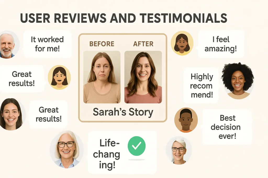 Collage of happy users with short positive quotes and a spotlight testimonial from a satisfied Prime Biome customer.