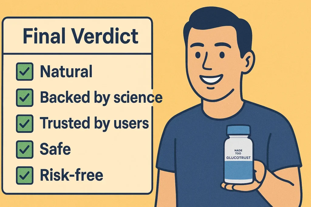 “Checklist with green ticks showing GlucoTrust’s advantages: natural, science-backed, user-trusted, and safe with refund guarantee.” “Checklist with green ticks showing GlucoTrust’s advantages: natural, science-backed, user-trusted, and safe with refund guarantee.”