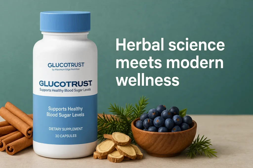 GlucoTrust Review - A GlucoTrust supplement bottle placed beside natural herbal ingredients like cinnamon sticks, juniper berries, and licorice root on a clean background, symbolizing the fusion of nature and modern wellness. Overlay text: “Herbal science meets modern wellness.”