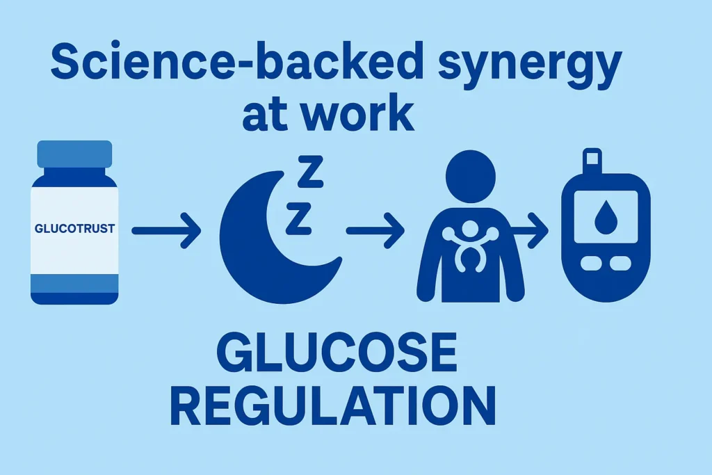 Infographic-style flowchart showing the mechanism of GlucoTrust: GlucoTrust leads to better sleep, which supports hormonal balance and results in improved glucose regulation. Overlay text reads: “Science-backed synergy at work.” Infographic-style flowchart showing the mechanism of GlucoTrust: GlucoTrust leads to better sleep, which supports hormonal balance and results in improved glucose regulation. Overlay text reads: “Science-backed synergy at work.”