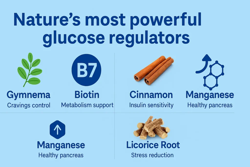 Grid-style infographic displaying key GlucoTrust ingredients such as Gymnema Sylvestre, Biotin, Cinnamon, Licorice Root, and Juniper Berries. Each ingredient is paired with an icon or photo and a short health benefit tagline. Overlay text reads: “Nature’s most powerful glucose regulators.” Grid-style infographic displaying key GlucoTrust ingredients such as Gymnema Sylvestre, Biotin, Cinnamon, Licorice Root, and Juniper Berries. Each ingredient is paired with an icon or photo and a short health benefit tagline. Overlay text reads: “Nature’s most powerful glucose regulators.”