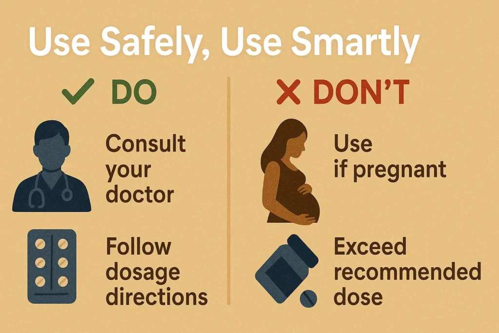 Informational infographic featuring a visual checklist of GlucoTrust safety guidelines. Includes icons representing pregnant women (not recommended), a capsule with a checkmark (proper dosage), a stethoscope (consult your doctor), a water glass (stay hydrated), and a red caution sign (medical interactions). Overlay text reads: “Use Safely, Use Smartly.” Designed to communicate essential do’s and don’ts for safe supplement use. Informational infographic featuring a visual checklist of GlucoTrust safety guidelines. Includes icons representing pregnant women (not recommended), a capsule with a checkmark (proper dosage), a stethoscope (consult your doctor), a water glass (stay hydrated), and a red caution sign (medical interactions). Overlay text reads: “Use Safely, Use Smartly.” Designed to communicate essential do’s and don’ts for safe supplement use.