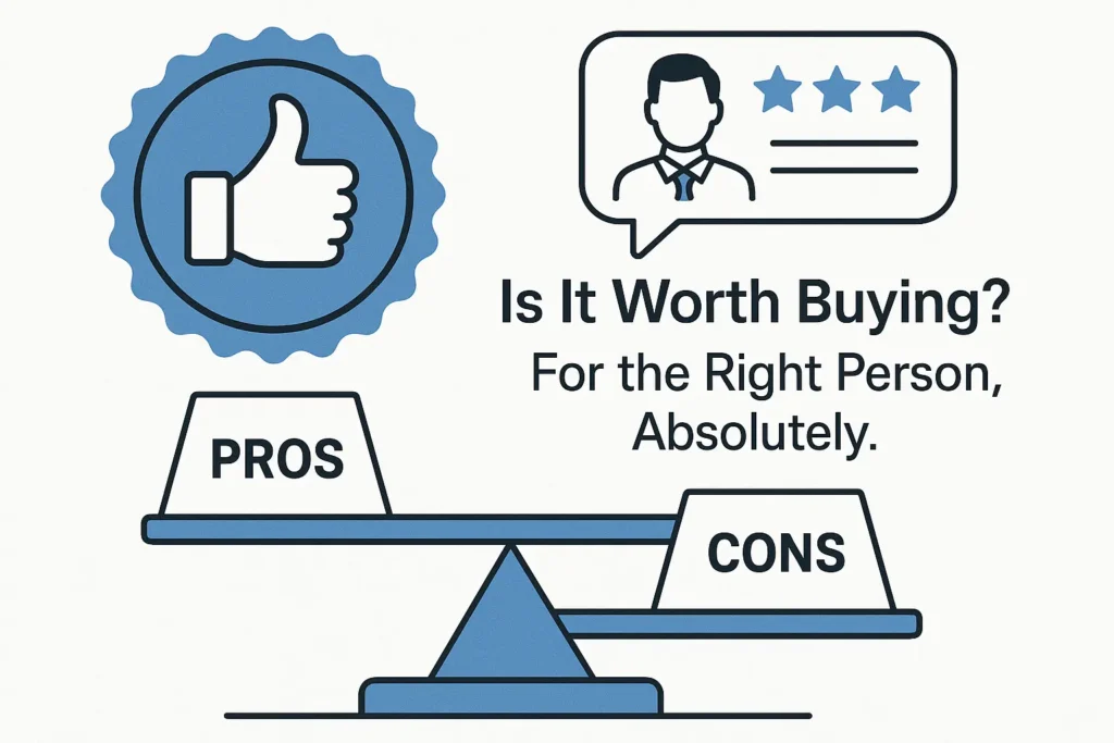 Graphic showing a recommendation badge with a golden thumbs-up icon, a quote bubble from a satisfied reviewer, and a balanced scale tipping toward the "Pros" side over "Cons." Overlay text reads: “Is It Worth Buying? For the Right Person, Absolutely.” The image visually reinforces a positive but balanced conclusion about GlucoTrust's value. Graphic showing a recommendation badge with a golden thumbs-up icon, a quote bubble from a satisfied reviewer, and a balanced scale tipping toward the "Pros" side over "Cons." Overlay text reads: “Is It Worth Buying? For the Right Person, Absolutely.” The image visually reinforces a positive but balanced conclusion about GlucoTrust's value.