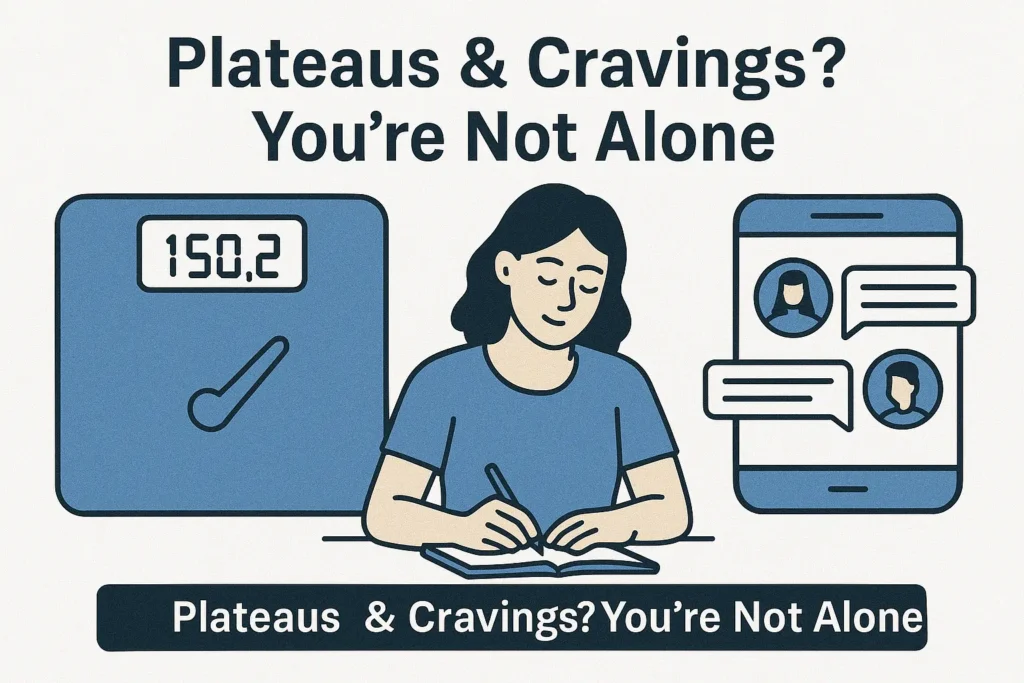 Image of frustrated person looking at a scale, with positive imagery of journaling and online support groups. Image of frustrated person looking at a scale, with positive imagery of journaling and online support groups.