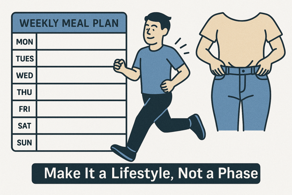 Person jogging happily, meal prepping, and fitting into old jeans to represent long-term weight maintenance. ChatGPT Image May 16 2025 11 26 42 PM