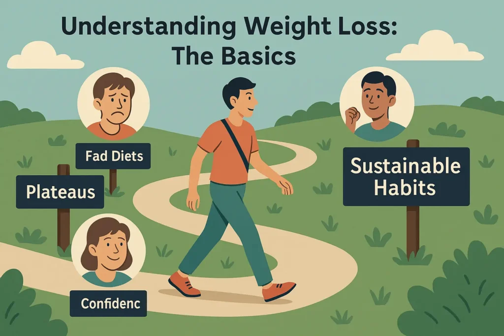 A person walking along a winding path with signs like "Fad Diets," "Plateaus," "Sustainable Habits." Best way to lose weight - A person walking along a winding path with signs like "Fad Diets," "Plateaus," "Sustainable Habits."