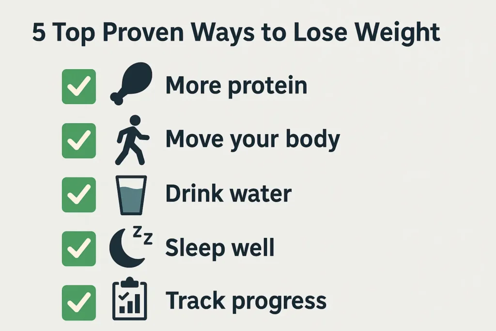 Checklist-style infographic with icons next to each point: ✅ More protein ✅ Move your body ✅ Drink water ✅ Sleep well ✅ Track progress Checklist-style infographic with icons next to each point:
✅ More protein
✅ Move your body
✅ Drink water
✅ Sleep well
✅ Track progress