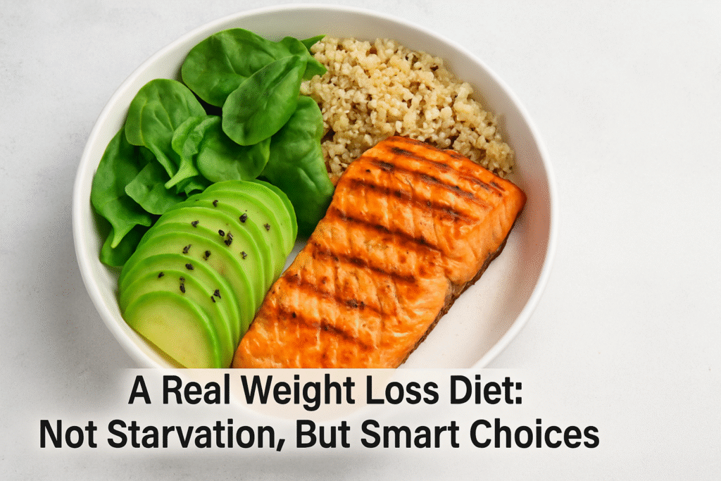 Weight Loss Diet- Balanced plate with leafy greens, salmon, avocado, and quinoa.