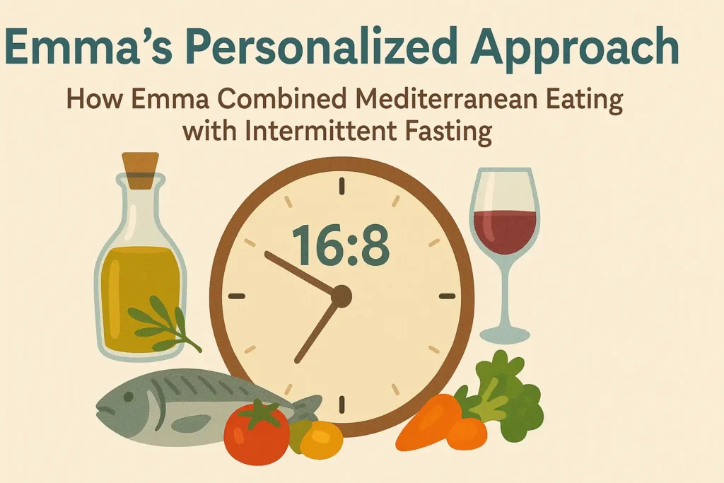  Intermittent fasting clock (16:8) with Mediterranean foods around the dia