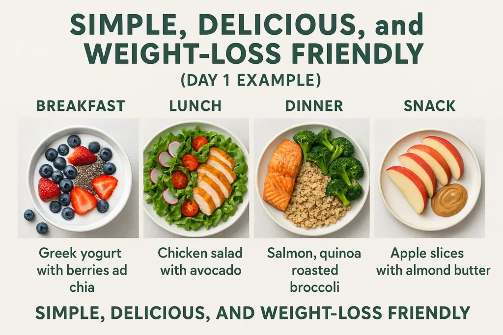 Breakfast: Greek yogurt with berries and chia

Lunch: Chicken salad with avocado

Dinner: Salmon, quinoa, roasted broccoli

Snack: Apple slices with almond butter
