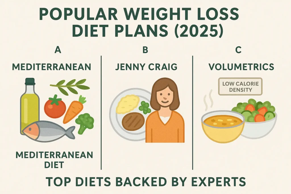 Olive oil, fish, colorful veggies, herbs, red wine glass

Image B (Jenny Craig): Pre-portioned meals and a friendly coach

Image C (Volumetrics): Big bowl of soup and salad with a "low calorie density" label