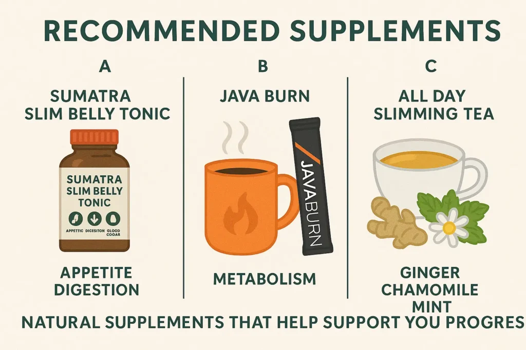 A (Sumatra Slim Belly Tonic): Tonic bottle with icons: appetite, digestion, blood sugar

Image B (Java Burn): Coffee mug with Java Burn sachet and metabolism/fire icons

Image C (All Day Slimming Tea): Teacup with ginger, chamomile, and mint