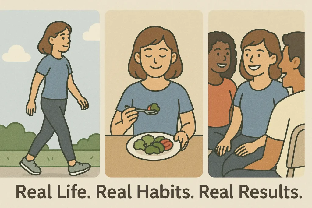  1: Low-protein meal vs protein-rich meal

Mistake 2: Cupcake with “+300 kcal” vs a treadmill burning “-150 kcal”

Mistake 3: Sleep deprivation graphic with ghrelin/leptin imbalance
