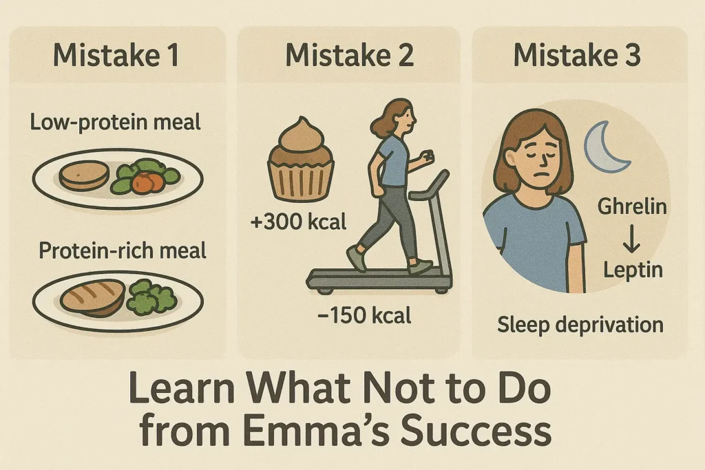 1: Low-protein meal vs protein-rich meal

Mistake 2: Cupcake with “+300 kcal” vs a treadmill burning “-150 kcal”

Mistake 3: Sleep deprivation graphic with ghrelin/leptin imbalance