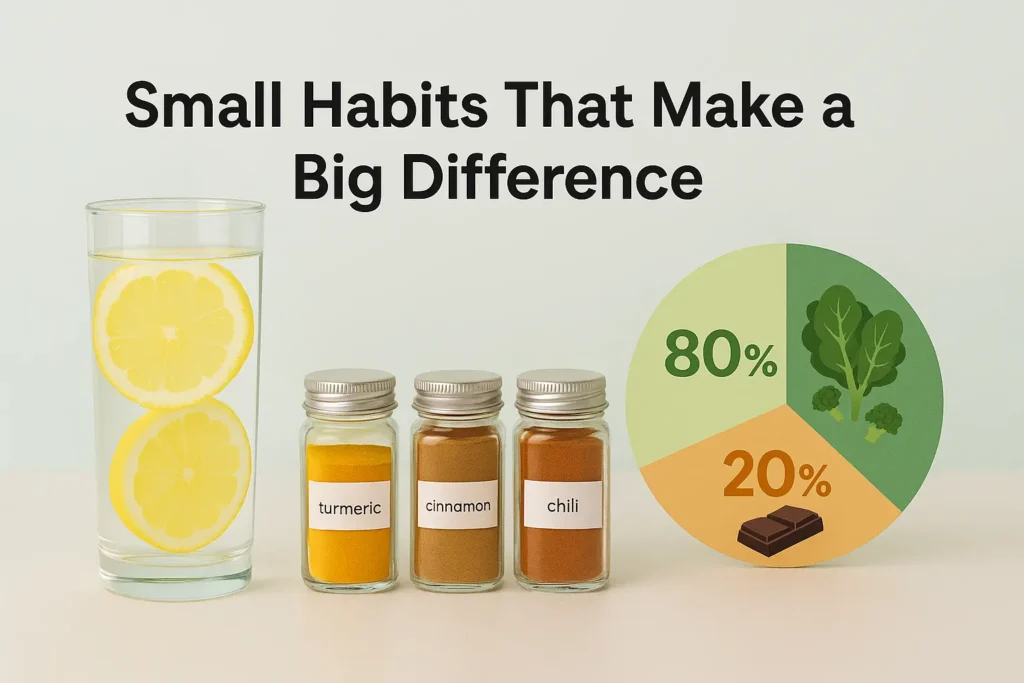  Infographic of water glass, spice jars, and 80/20 rule pie chart