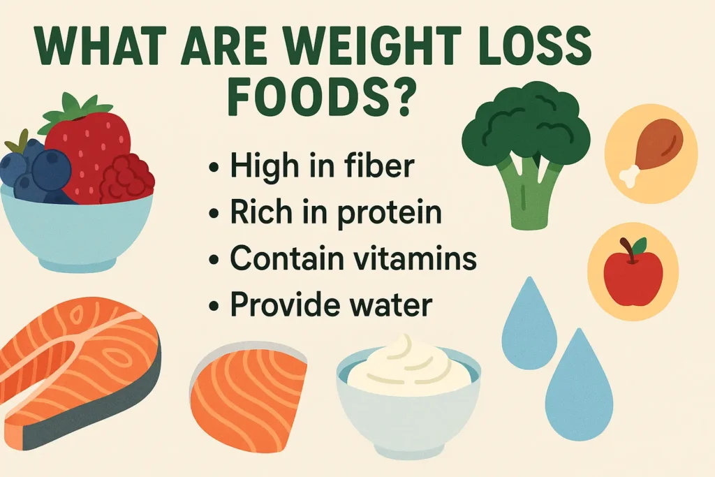 Weight Loss Foods- Infographic showing examples of weight loss foods like berries, yogurt, and vegetables, with icons for fiber, protein, and nutrients. Weight Loss Foods- Infographic showing examples of weight loss foods like berries, yogurt, and vegetables, with icons for fiber, protein, and nutrients.