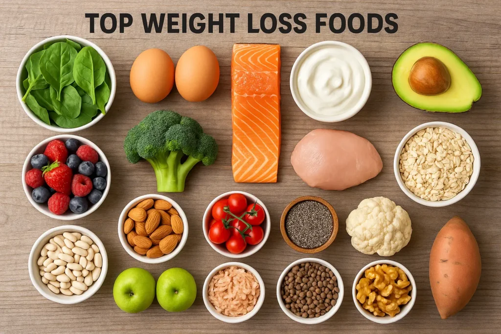 Collage of 20 best foods for weight loss including eggs, spinach, salmon, berries, and quinoa on a white background. Collage of 20 best foods for weight loss including eggs, spinach, salmon, berries, and quinoa on a white background.