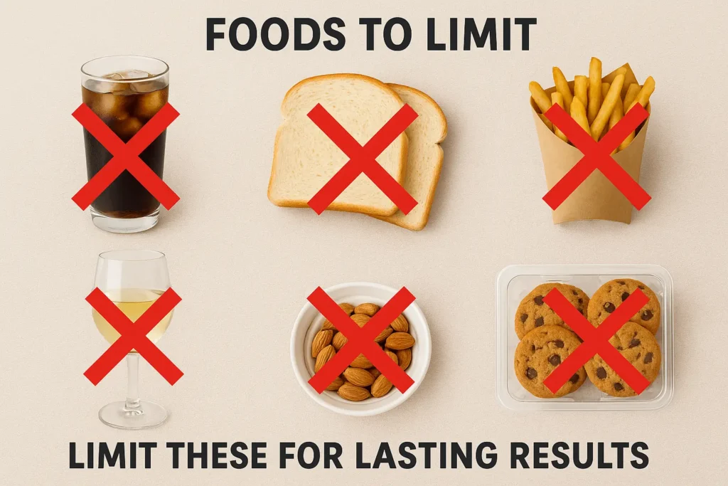 : Images of soda, white bread, fries, cookies, and alcohol with red X marks indicating foods to limit. : Images of soda, white bread, fries, cookies, and alcohol with red X marks indicating foods to limit.