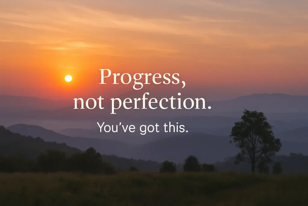 Nature background with sunrise and a motivational quote that reads, “Progress, not perfection. You’ve got this.” Nature background with sunrise and a motivational quote that reads, “Progress, not perfection. You’ve got this.”