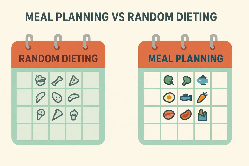 A flat-design digital illustration compares meal planning versus random dieting. The left side shows a messy calendar with scribbled random foods, while the right side features a neat calendar with meal icons and grocery list symbols, representing structured, healthy eating. A flat-design digital illustration compares meal planning versus random dieting. The left side shows a messy calendar with scribbled random foods, while the right side features a neat calendar with meal icons and grocery list symbols, representing structured, healthy eating.
