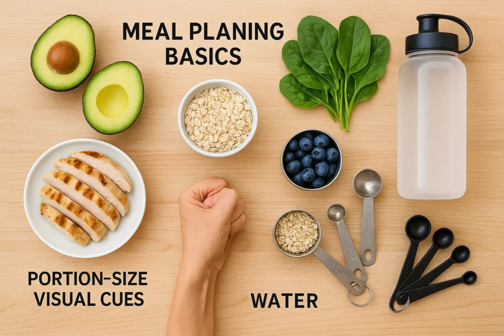 A high-resolution digital photograph displays meal planning basics from a top-down view. Whole foods like avocados, chicken breast, oats, berries, and leafy greens are arranged with measuring cups, a clear water bottle, and portion-size visual cues on a clean kitchen surface. A high-resolution digital photograph displays meal planning basics from a top-down view. Whole foods like avocados, chicken breast, oats, berries, and leafy greens are arranged with measuring cups, a clear water bottle, and portion-size visual cues on a clean kitchen surface.