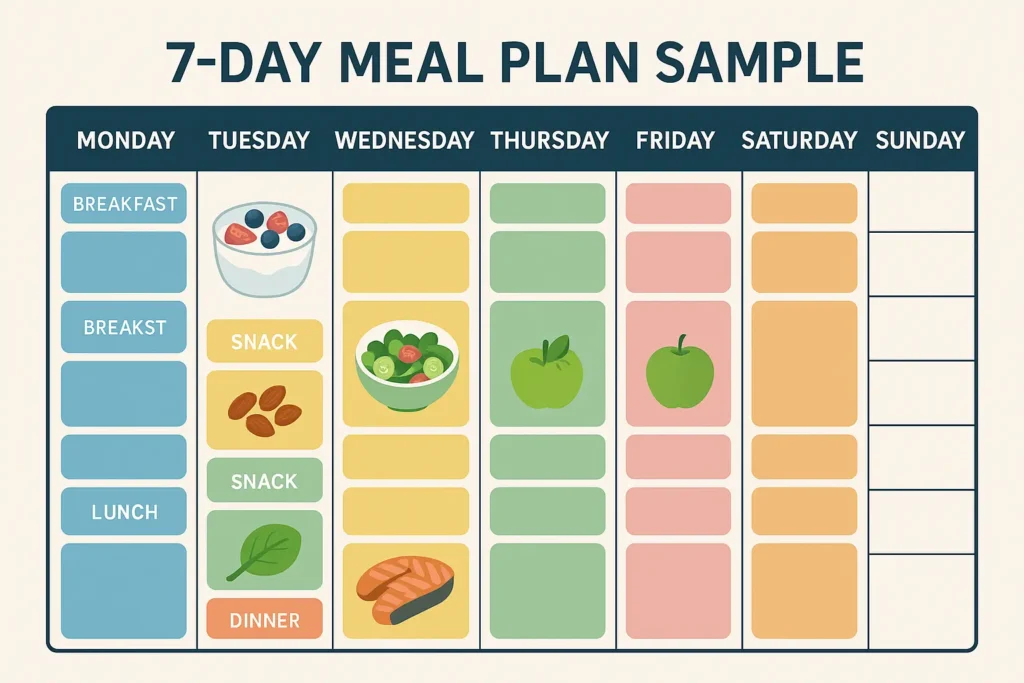 A 2D digital graphic displays a 7-day meal planner template. The chart is color-coded by meals and snacks, with food icons such as Greek yogurt, almonds, grilled salmon, and berries illustrating each day’s plan. The layout is clean, organized, and visually engaging. A 2D digital graphic displays a 7-day meal planner template. The chart is color-coded by meals and snacks, with food icons such as Greek yogurt, almonds, grilled salmon, and berries illustrating each day’s plan. The layout is clean, organized, and visually engaging.
