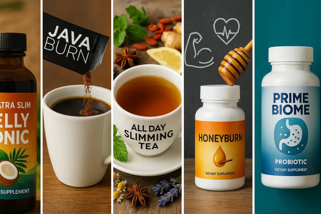 A wide-frame collage of product photographs displays five weight loss supplements: Sumatra Slim Belly Tonic with a tropical herbal background, Java Burn Coffee being poured into a steaming mug, All Day Slimming Tea with loose herbs, Honeyburn with honey and fitness icons, and Prime Biome alongside a gut-health diagram. A wide-frame collage of product photographs displays five weight loss supplements: Sumatra Slim Belly Tonic with a tropical herbal background, Java Burn Coffee being poured into a steaming mug, All Day Slimming Tea with loose herbs, Honeyburn with honey and fitness icons, and Prime Biome alongside a gut-health diagram.