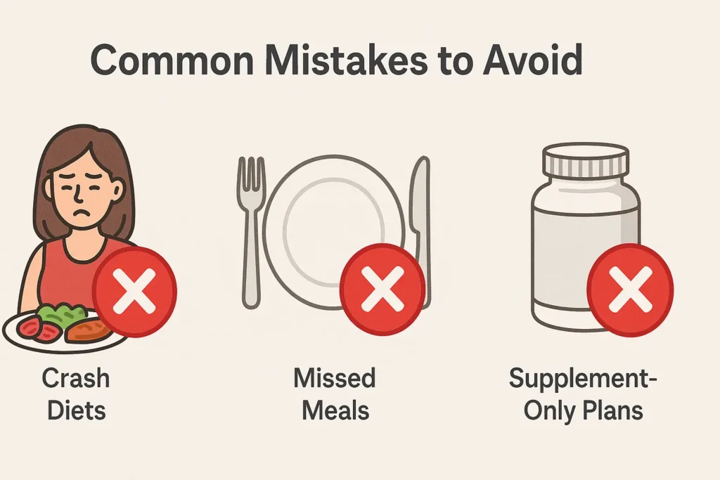 Comic-style illustration of three diet mistakes: a sad woman eating a small meal labeled “Crash Diets,” an empty plate with “Missed Meals,” and a supplement bottle labeled “Supplement-Only Plans.” Each has a large red X over it, under the title “Common Mistakes to Avoid Comic-style illustration of three diet mistakes: a sad woman eating a small meal labeled “Crash Diets,” an empty plate with “Missed Meals,” and a supplement bottle labeled “Supplement-Only Plans.” Each has a large red X over it, under the title “Common Mistakes to Avoid