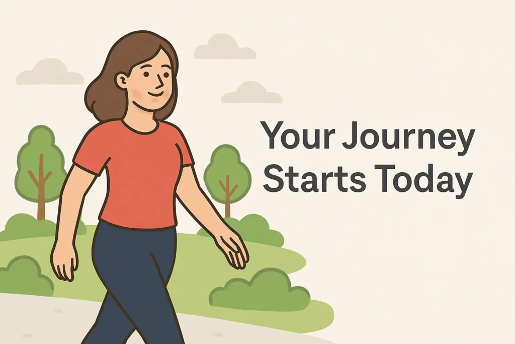 smiling woman walking outdoors in a park with trees and clouds in the background. She appears confident and relaxed. The text “Your Journey Starts Today” is written beside her, symbolizing motivation and a hopeful beginning. smiling woman walking outdoors in a park with trees and clouds in the background. She appears confident and relaxed. The text “Your Journey Starts Today” is written beside her, symbolizing motivation and a hopeful beginning.